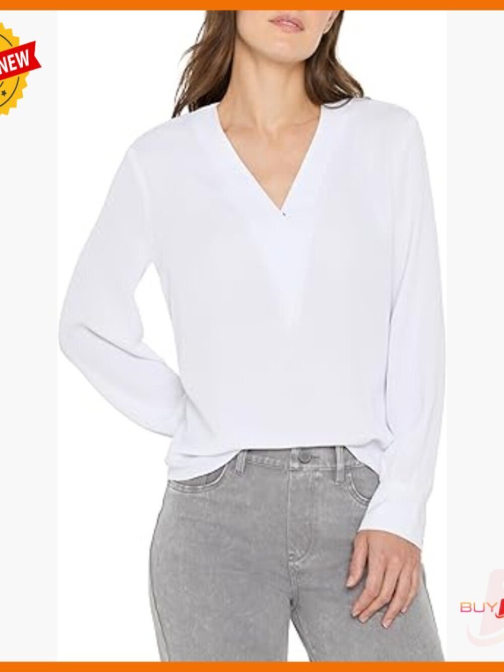 Long Sleeve Blouse with V-Neck and Bishop Sleeves, Regular Fit